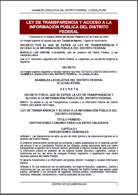 Portada de Ley de transparencia y acceso a la información pública del Distrito Federal