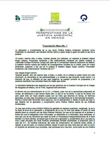 Portada de Seminario perspectivas de la justicia ambiental en México 