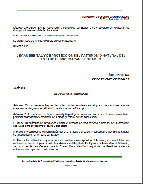 Portada de Ley ambiental y de protección del patrimonio natural del estado de Michoacán de Ocampo